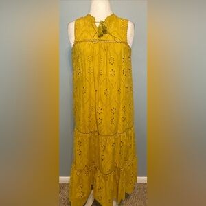 Chicwish Mustard Yellow Eyelet Embroidered Midi Dress Boho Cottagecore Small
